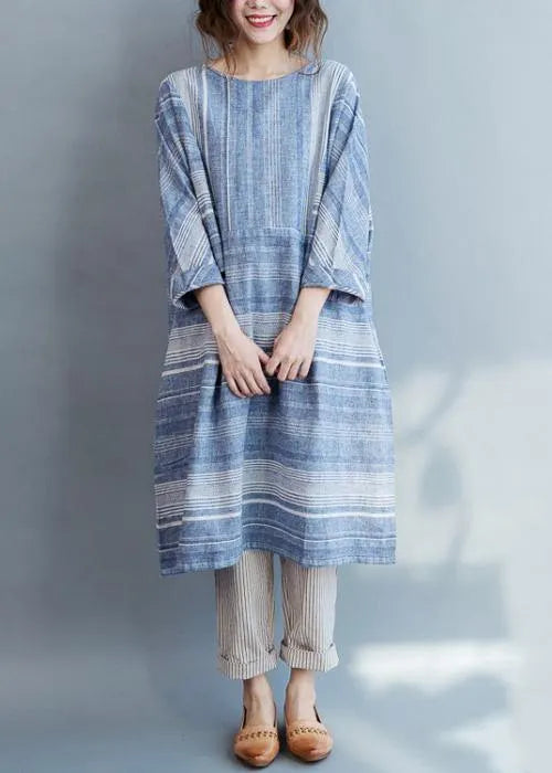 Modern Blue Striped Cotton Pockets Summer Maxi Dresses