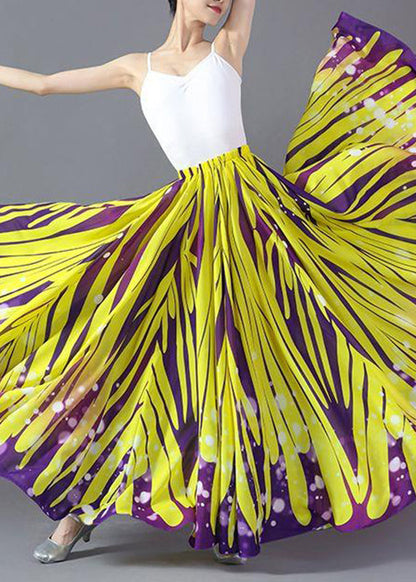 Beautiful Yellow Striped Elastic Waist Chiffon A Line Skirts Summer