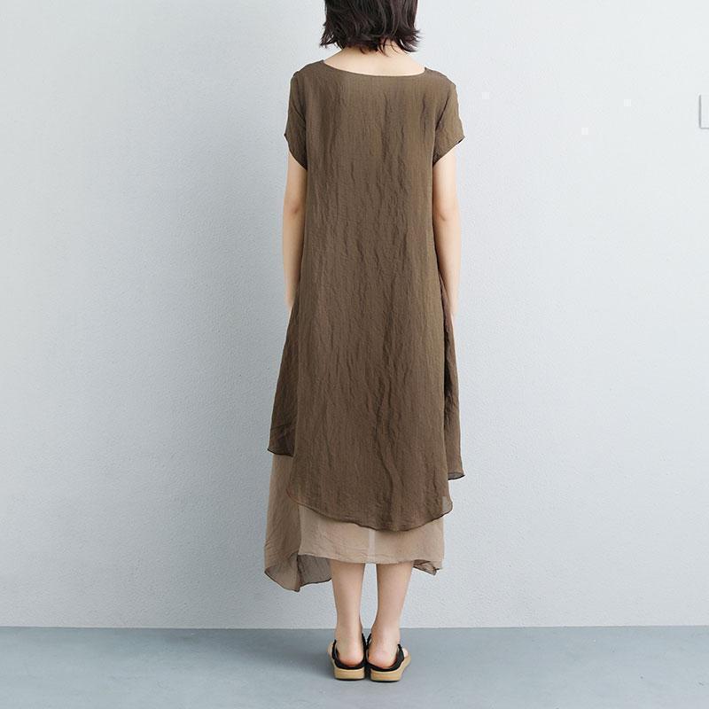 fine long cotton dresses plus size False Two-piece Short Sleeve Coffee Plain Dress