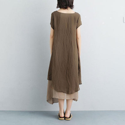 fine long cotton dresses plus size False Two-piece Short Sleeve Coffee Plain Dress