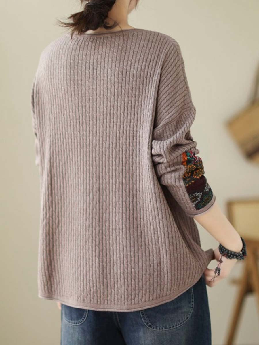 Women Autumn Artsy Knitted Patchwork Loose Sweater