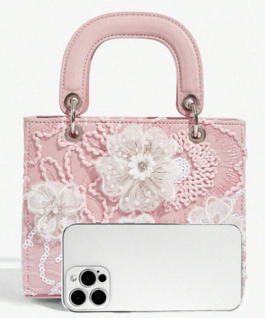 Handmade Pink Embroidered Flower Faux Leather Mini Bag