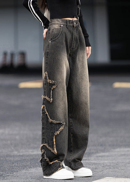 Chic Black Grey Pockets Patchwork Denim Pants Fall