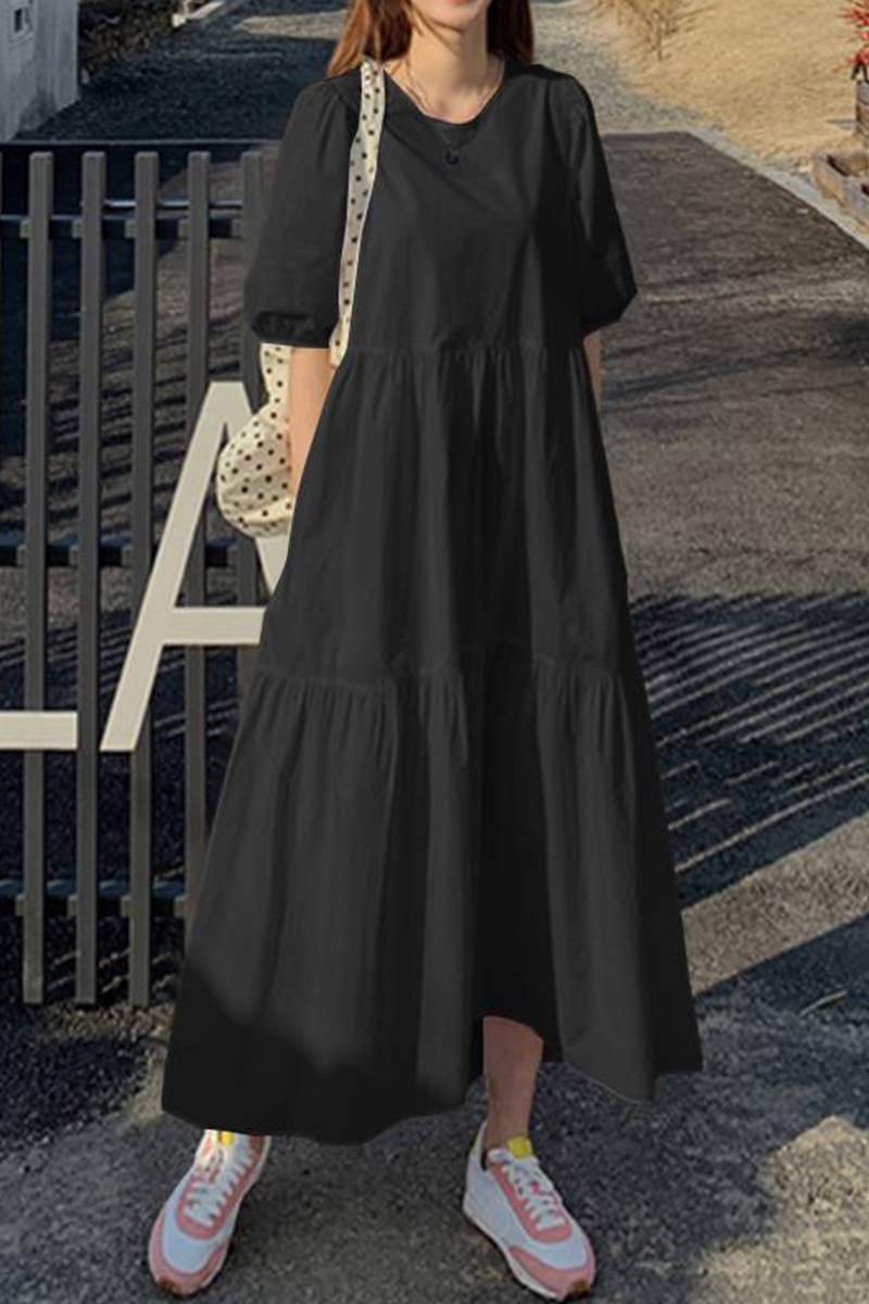 Casual Solid Patchwork Buttons O Neck Cake  Dresses