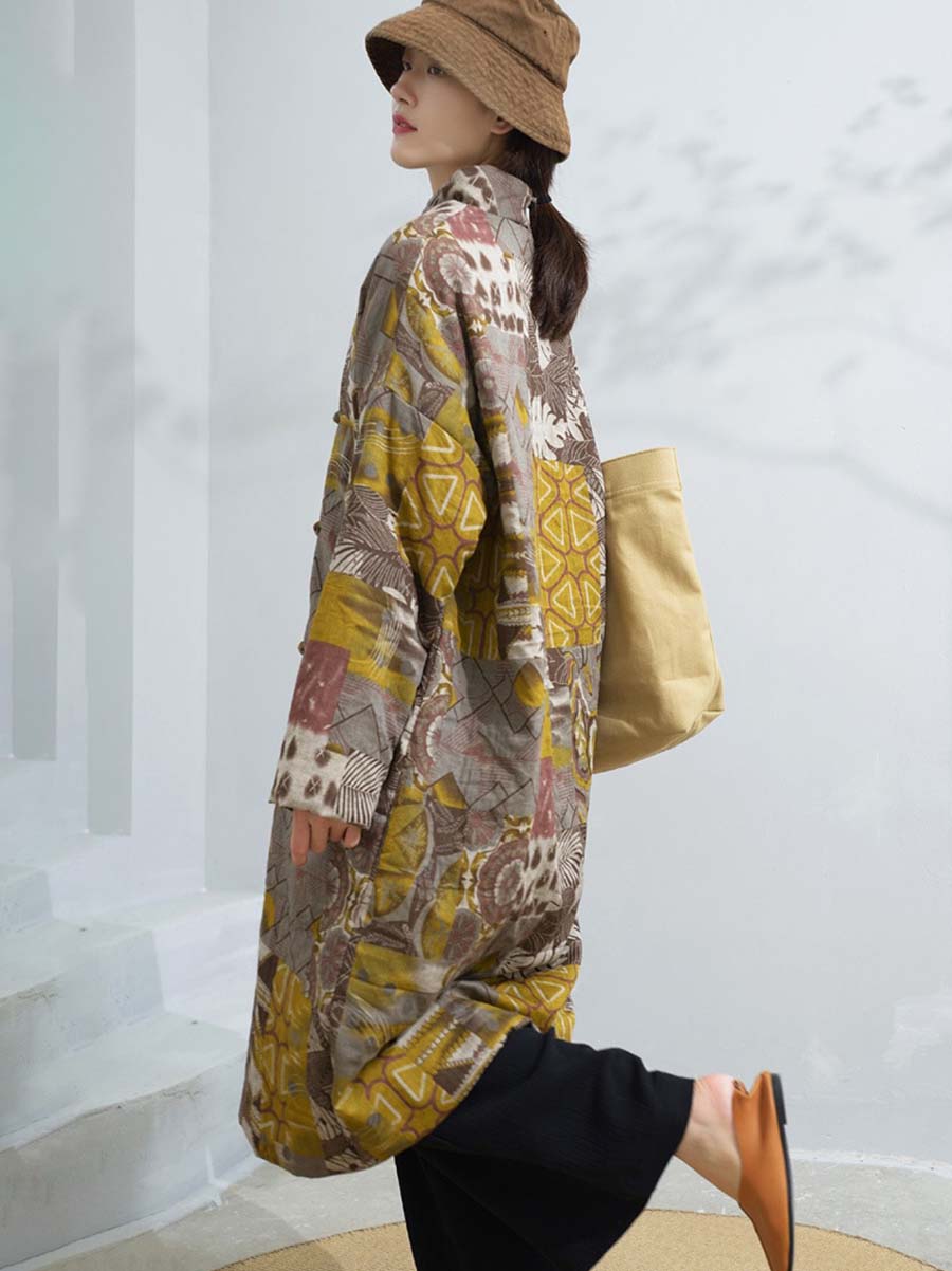 Women Winter Artsy Print Frog Loose Long Coat