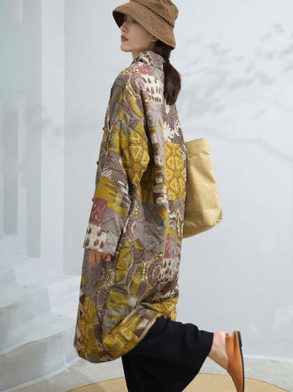 Women Winter Artsy Print Frog Loose Long Coat