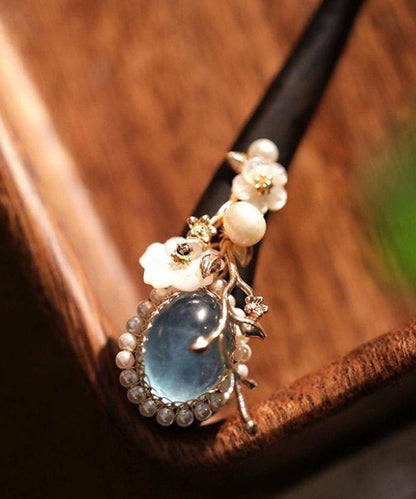 Boutique Blue Wooden Pearl Floral Crystal Hairpin
