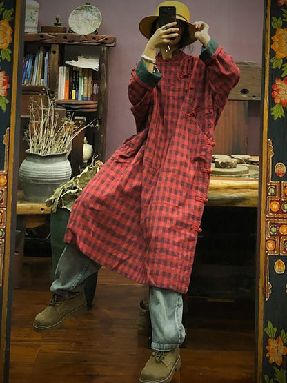 Women Stand Collar Button Cotton Robe Dress