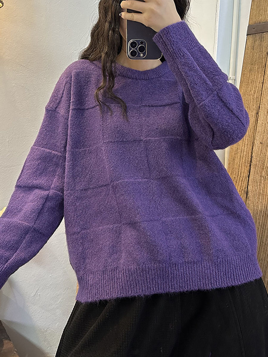Women Winter Artsy Plaid Knitted Solid Warm Sweater