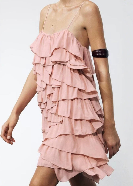 Elegant Pink Backless Layered Cotton Spaghetti Strap Dress Sleeveless