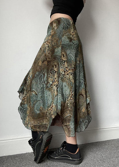 Vintage Green Print Lace Patchwork Skirts Summer