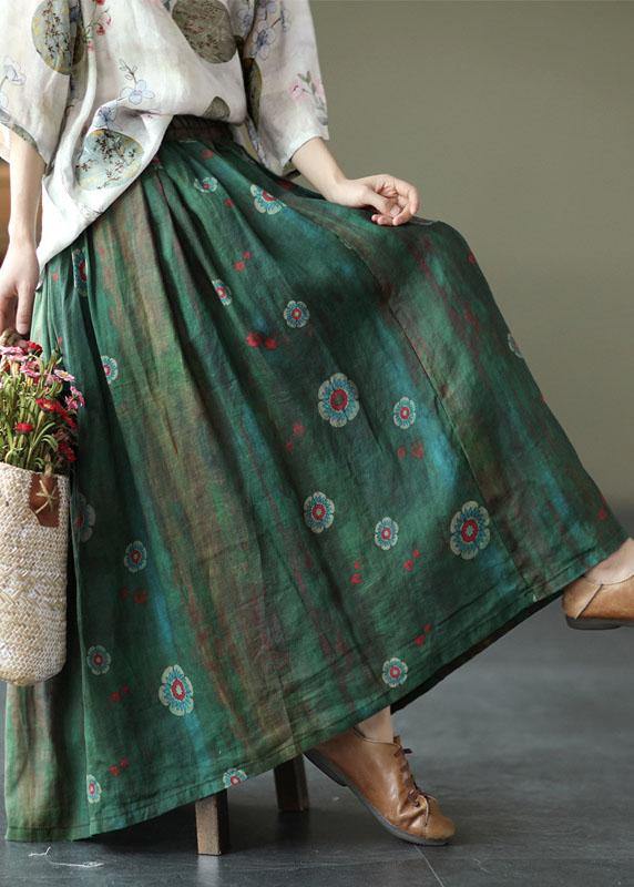 Women green texture Print Ramie Elastic Waist Skirt