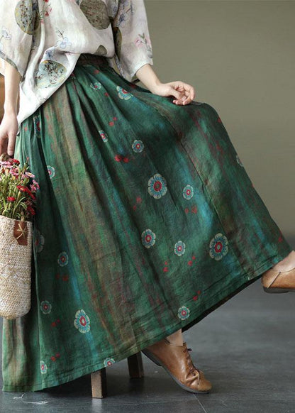 Women orange red Print Ramie Elastic Waist Skirt
