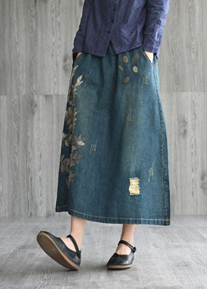 Natural Dark Blue pockets Embroideried Cotton denim Skirts