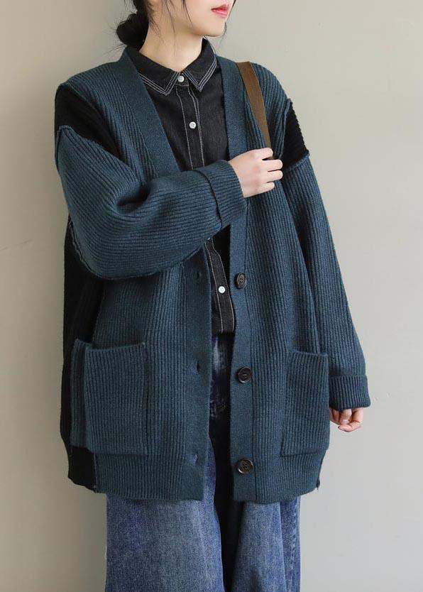 Oversized  Green Knit Sweat Tops Oversize V Neck Button Down Sweater Tops
