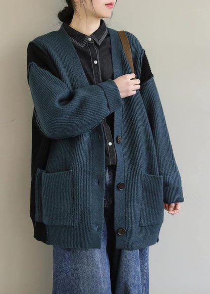 Oversized  Green Knit Sweat Tops Oversize V Neck Button Down Sweater Tops