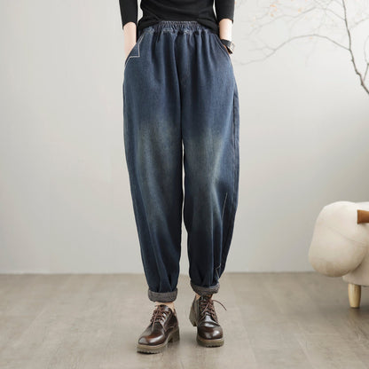 Winter Loose Retro Patchwork Casual Furred Jeans