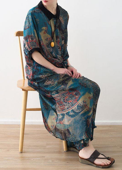 Summer Large Blue Print Chiffon Print Set Women's Shirt Pants Two Piece Set