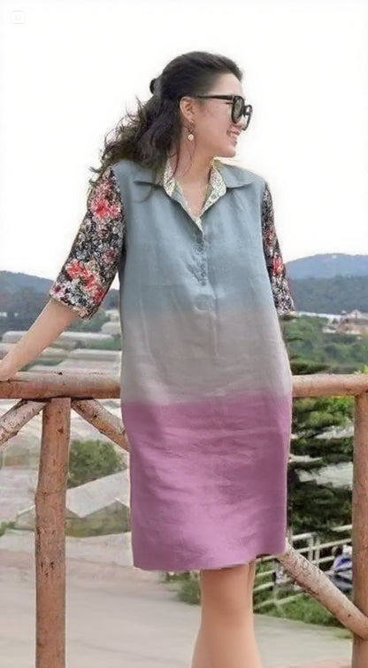 Handmade blue yellow Peter Pan Collar Patchwork Vacation Mid Dresses Summer