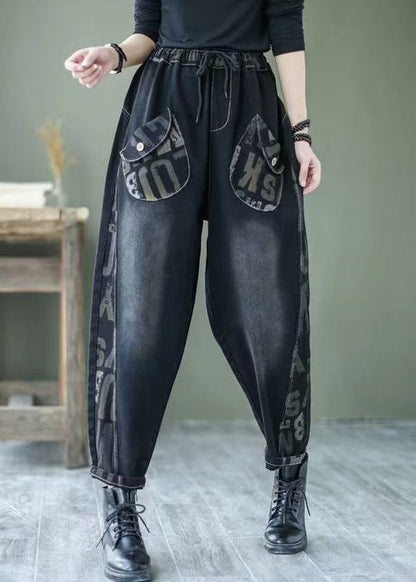 French Black Letter Print Patchwork Pockets Denim Harem Pants Winter