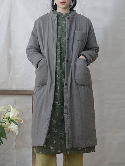 Women Winter Casual Button Pocket Solid Padded Coat