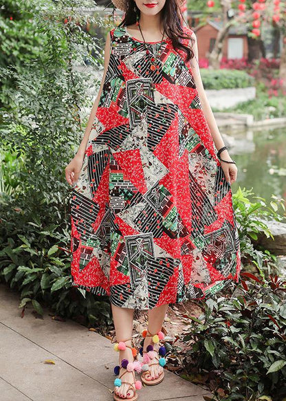 Bohemian red print cotton clothes Women sleeveless tie waist A Line summer Dresses