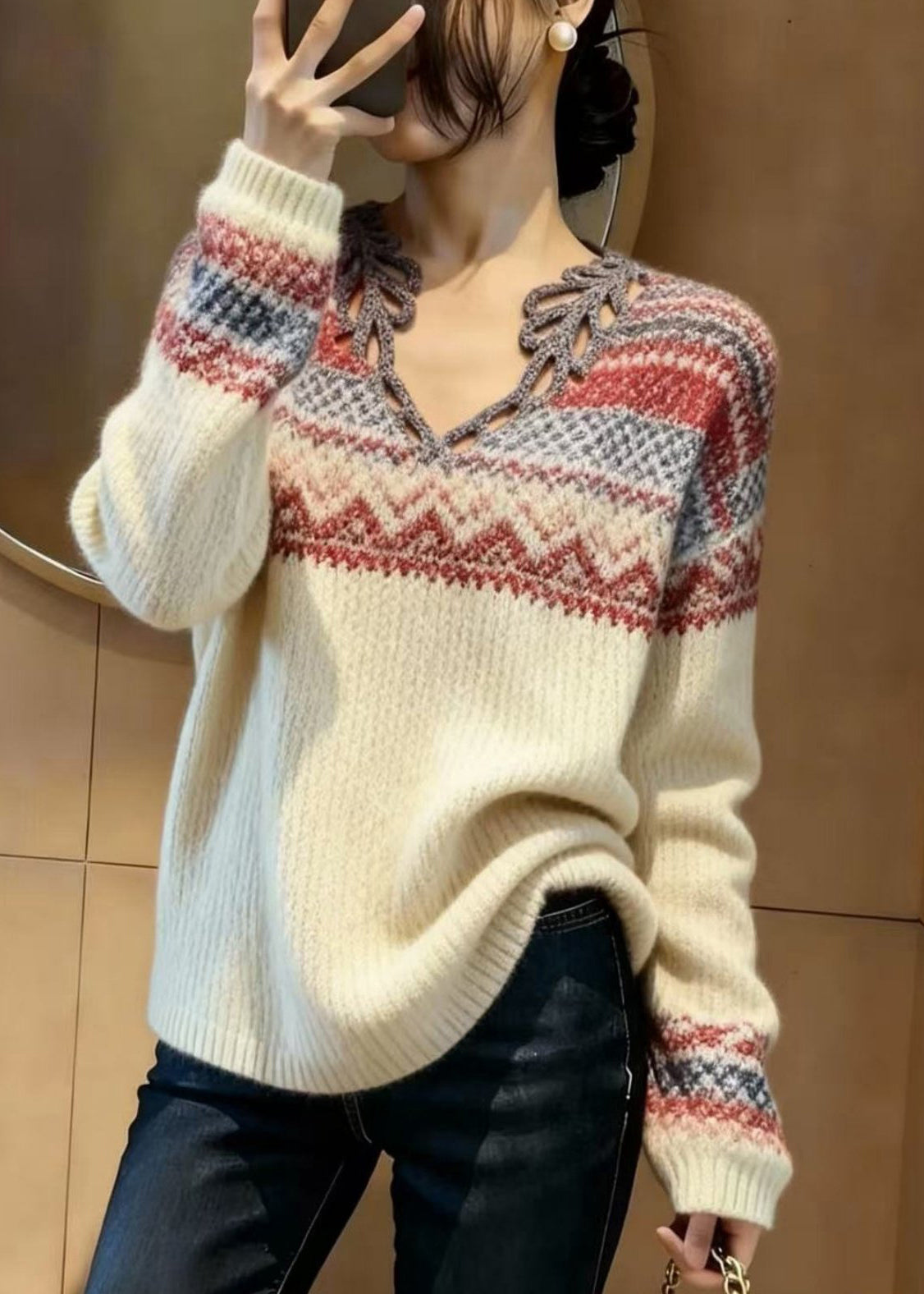 Elegant Beige V Neck Print Knitted Tops Spring