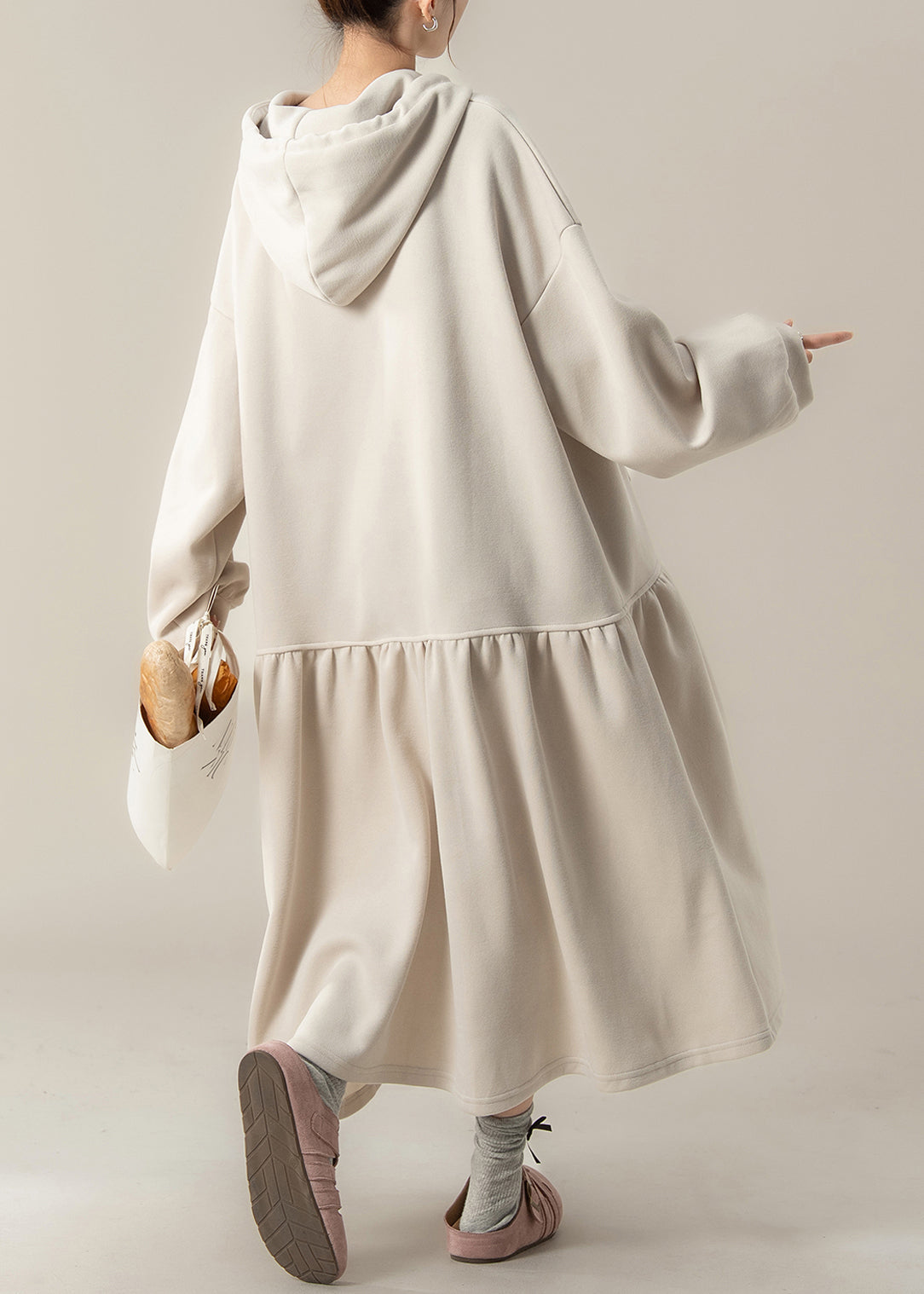 Plus Size Apricot Patchwork Cotton Hooded Dresses Fall