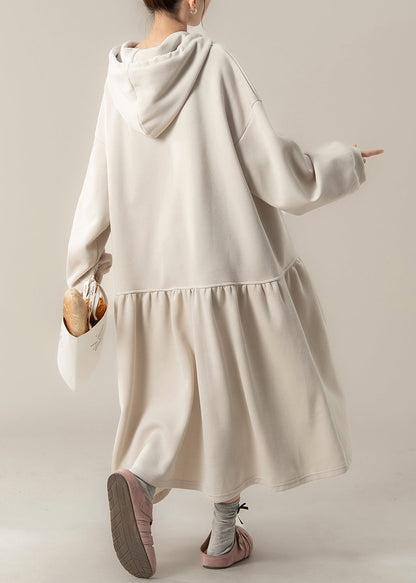 Plus Size Apricot Patchwork Cotton Hooded Dresses Fall