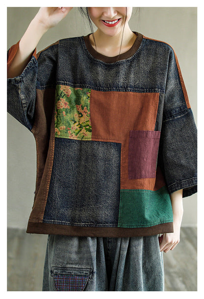 Vintage Plus Size Print Denim Panel Doll Sleeve T-Shirt