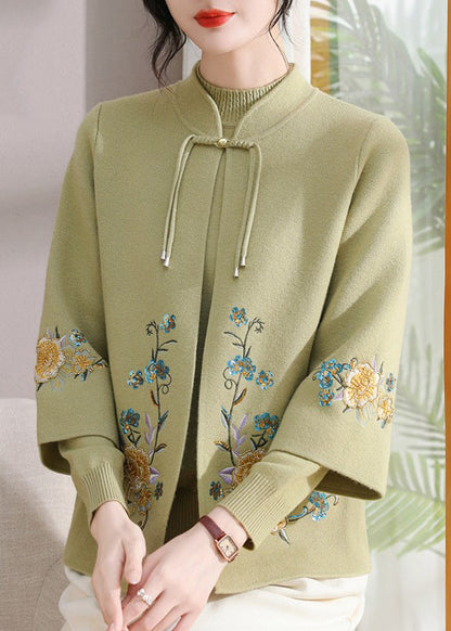 Art Green Stand Collar Cotton Knit Coats And Sweater Two Pieces Set Fall