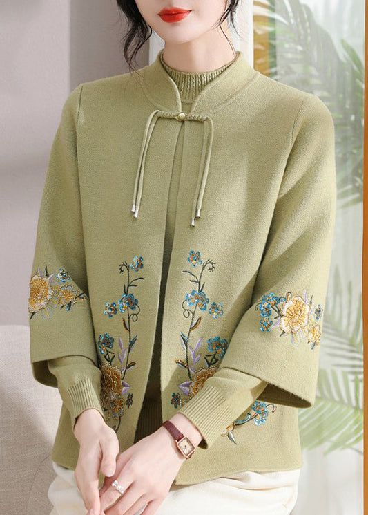 Art Green Stand Collar Cotton Knit Coats And Sweater Two Pieces Set Fall