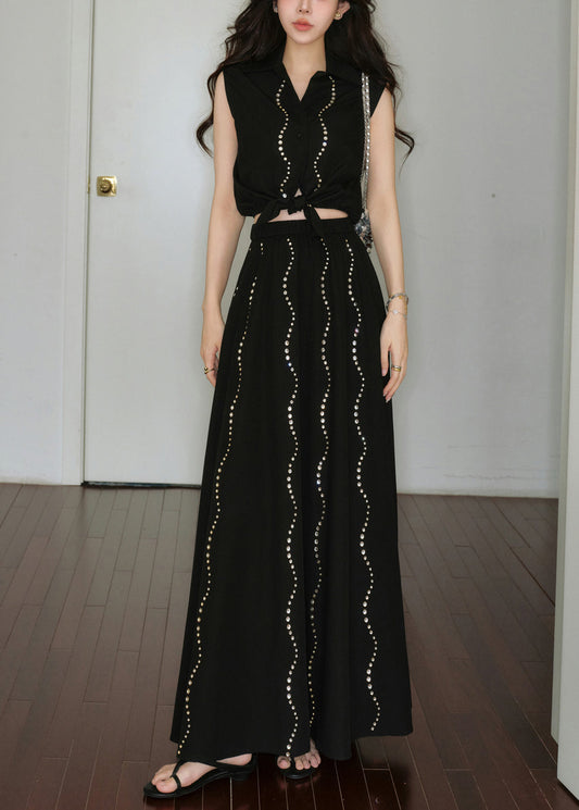 French Black Zircon Lace Up Tops And Skirts Cotton Two Pieces Set Sleeveless