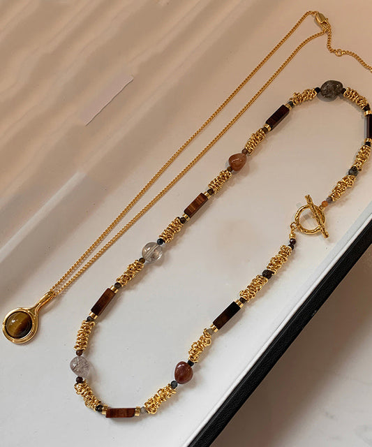 Vintage Gold Copper Overgild Tiger's-Eye Beads Two-Piece Set Pendant Necklace
