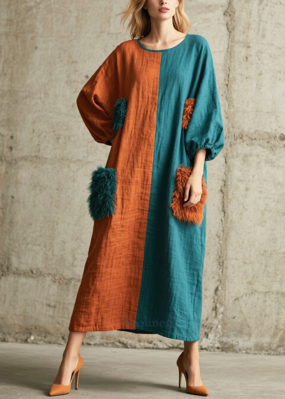 DIY Asymmetrical Patchwork Faux Fur Pockets Maxi Dresses Fall