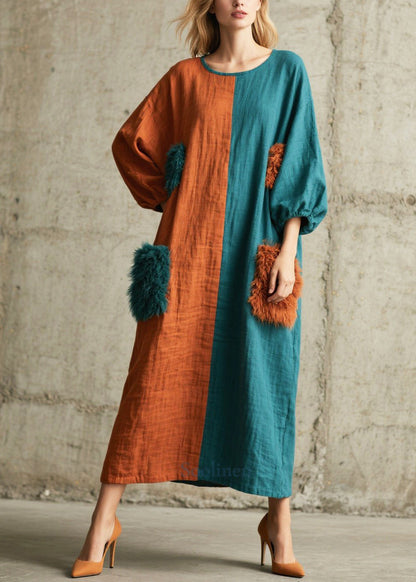 DIY Asymmetrical Patchwork Faux Fur Pockets Maxi Dresses Fall