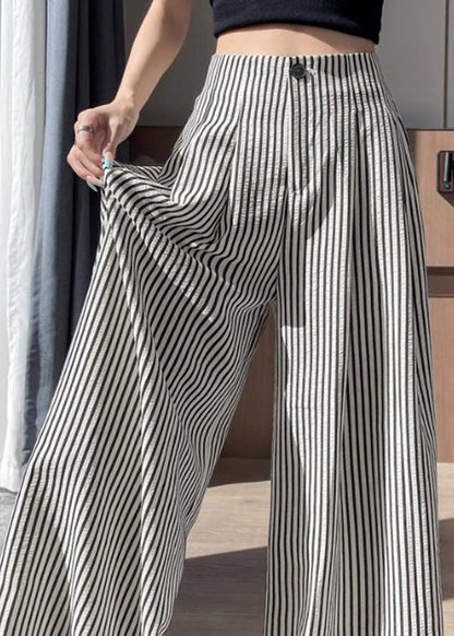 Women Striped Wrinkled High Waist Cotton Wide Leg Pants Fall