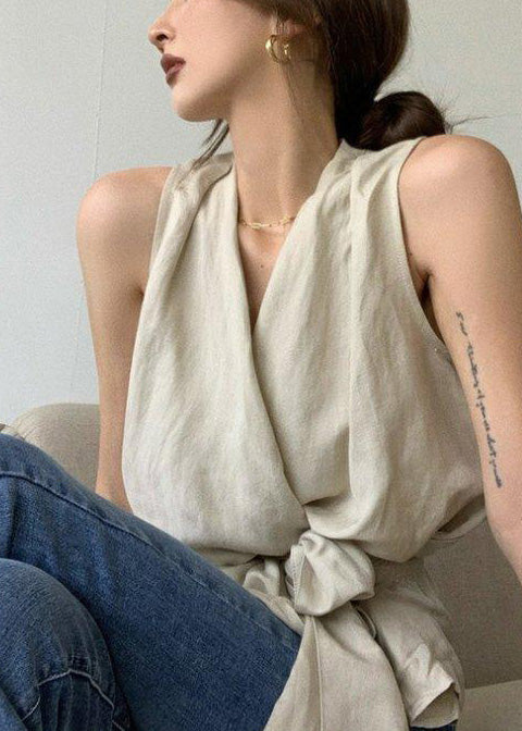 Vintage White Tie Waist Linen Vests Sleeveless