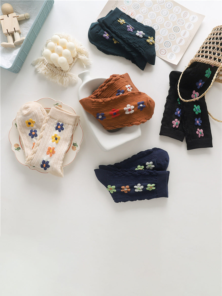 5 Pairs Female Retro Flower Autumn Socks