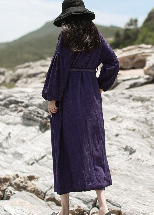 Women Purple Embroideried Pockets Corduroy Dress