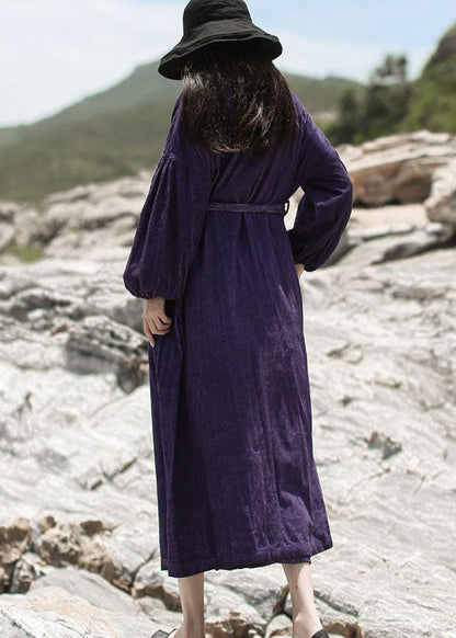 Women Purple Embroideried Pockets Corduroy Dress