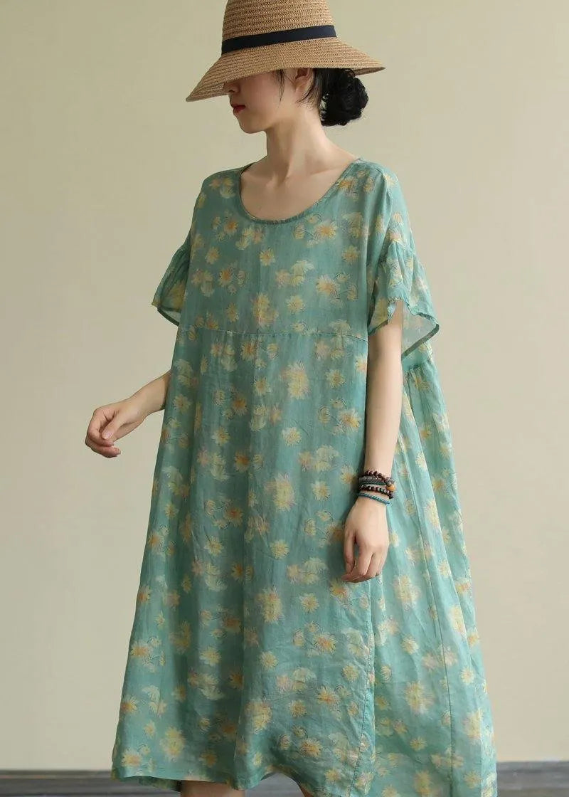 Beautiful green print linen clothes o neck loose summer Dresses