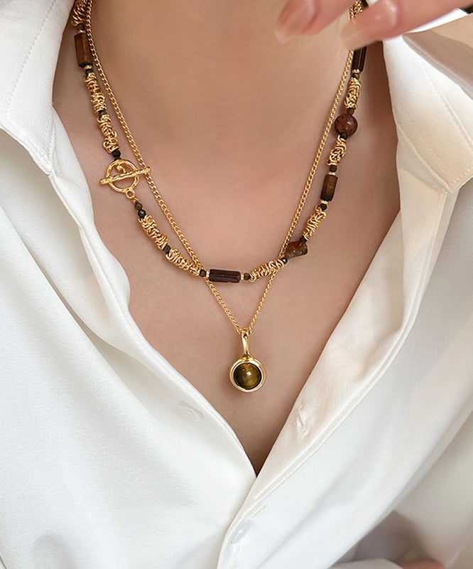 Modern Gold Copper Alloy Tiger's Eye Stone Pendant Necklace Two-Piece Set