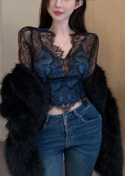Women Black Hollow Out Patchwork Lace Tops