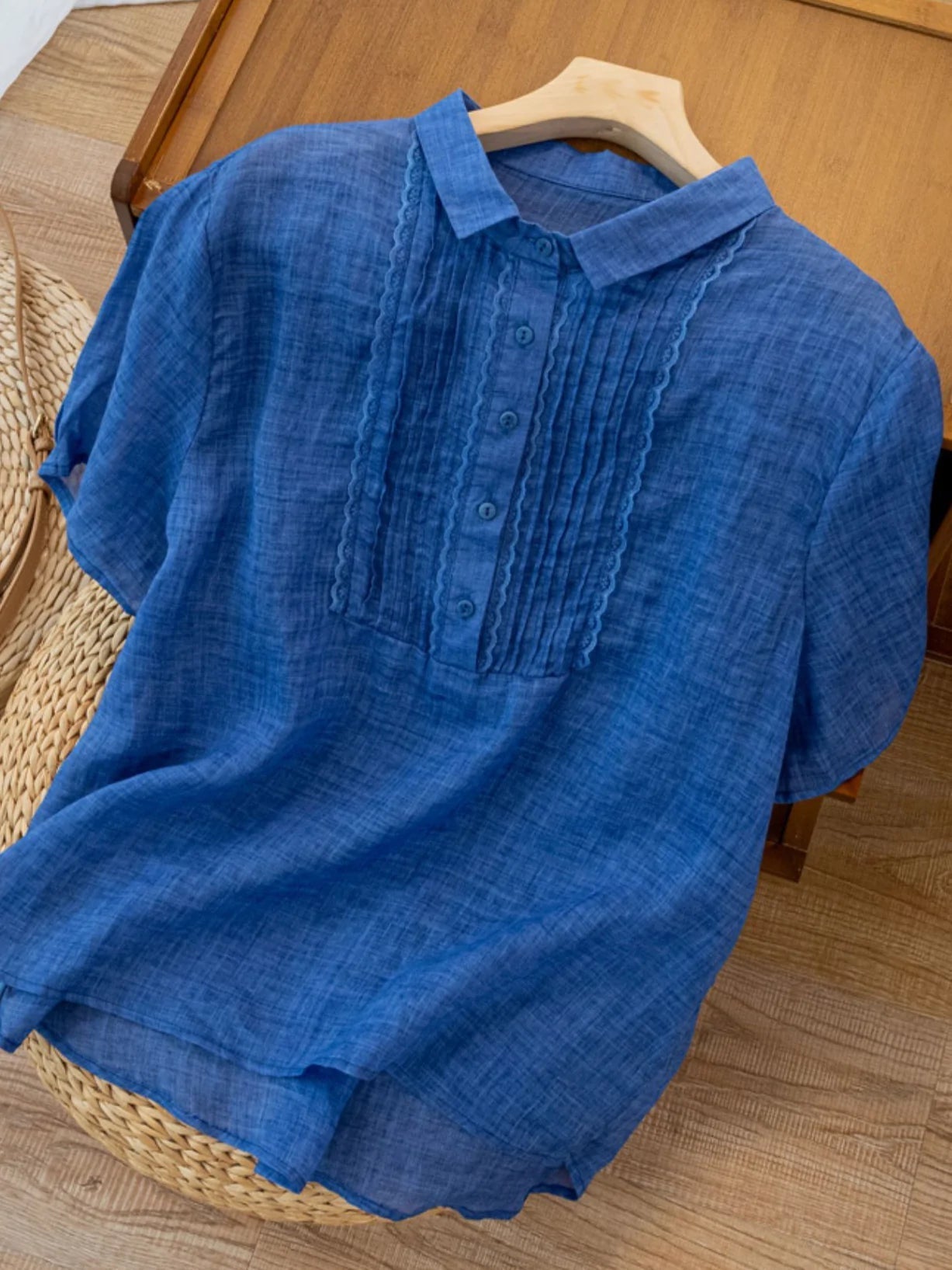 Solid Color Short Sleeve Casual Linen Pleated Top