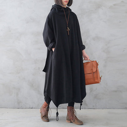 Women Retro Loose Autumn Winter Solid Hooded Dress