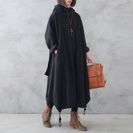 Women Retro Loose Autumn Winter Solid Hooded Dress