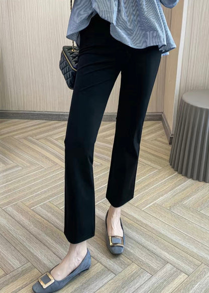 Fashion Black High Waist Pockets Ice Silk Solid Crop Flared Trousers