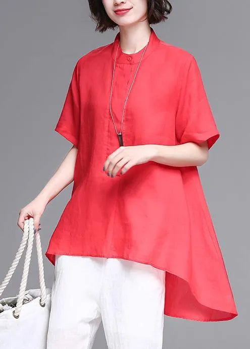 Beautiful stand collar asymmetric cotton women red box blouse summer
