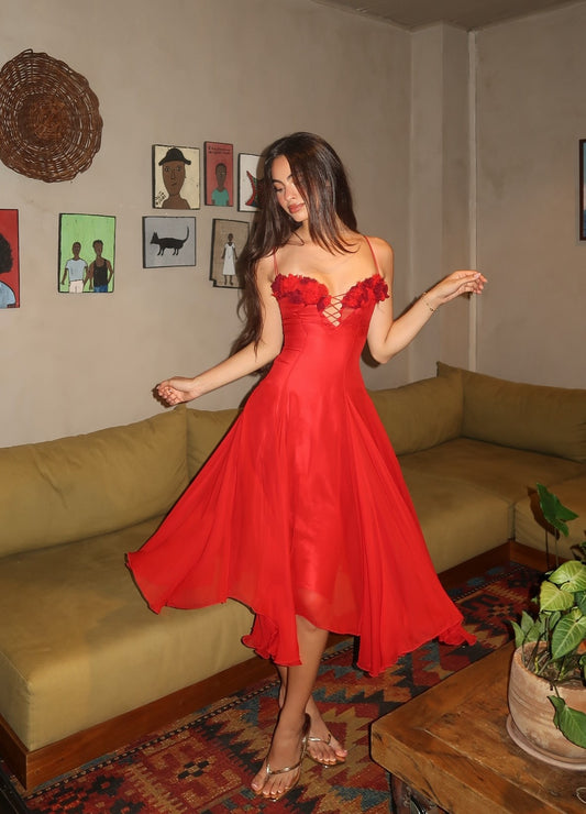 Scarlet Red 3D Floral Lace-Up Waist-Fitted Irregular Ruffled Spaghetti Strap Evening Date Midi Dress